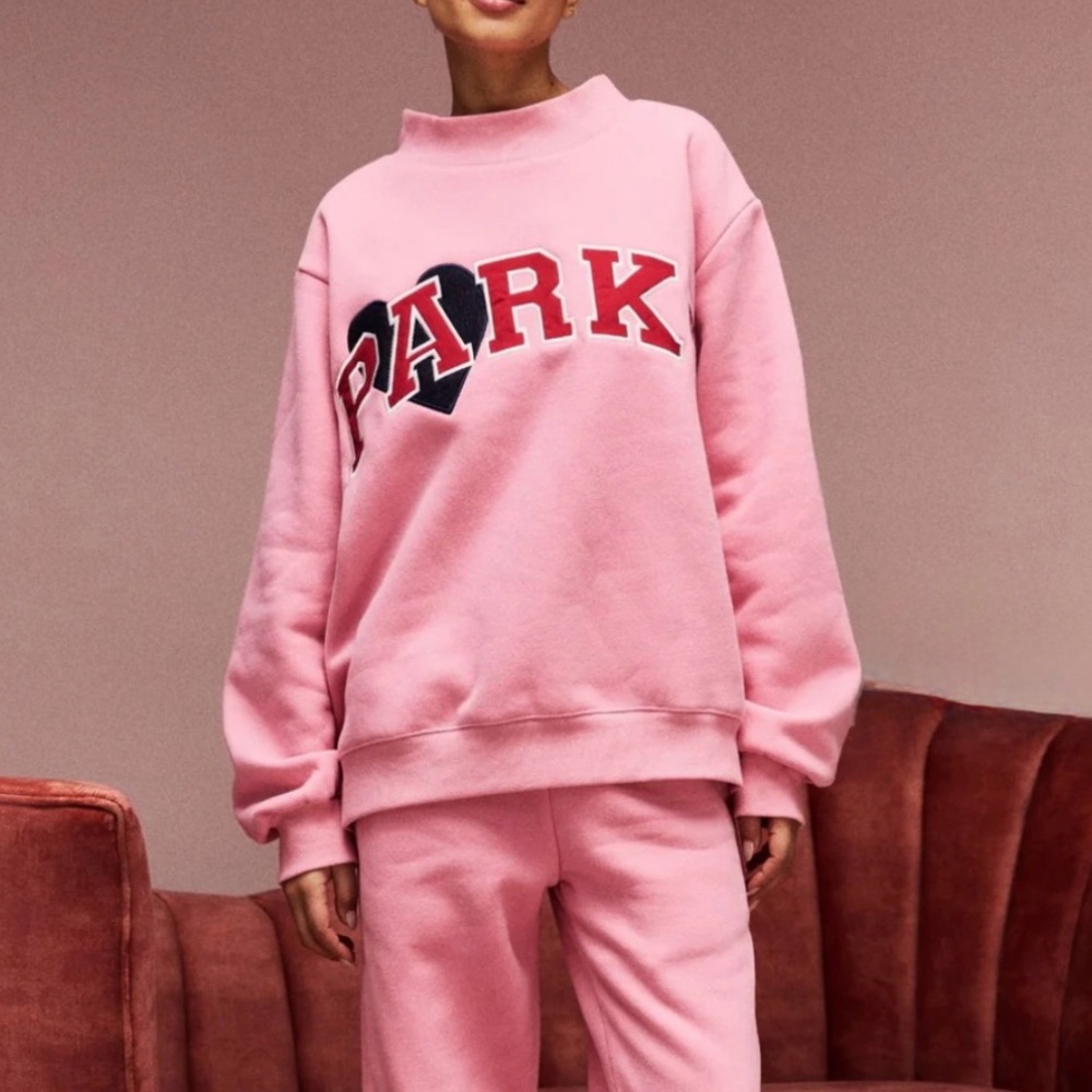 Parke Valentines Jean Heart Varsity Mockneck Varsity Sweatshirt Blush /Crimson 🩷